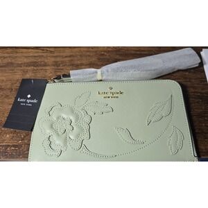 Kate Spade Lucy Floral Applique Medium L Zip Wristlet Sage Green Leather New